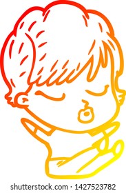 dibujo de línea de gradiente cálido de una mujer de dibujos animados con los ojos cerrados