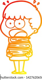 warm gradient line drawing of a cartoon shocked boy with stack of books