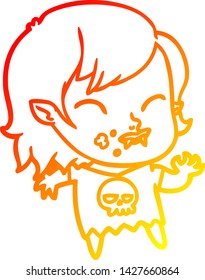 desenho de linha gradiente quente de uma garota vampiro desenho animado com sangue na bochecha