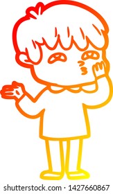dibujo de línea de degradado cálido de un hombre de dibujos animados confundido