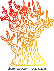 warm gradient line drawing of a cartoon spooky tree