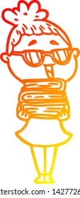 dibujo de línea de gradiente cálido de una mujer feliz con dibujos animados usando espectáculos