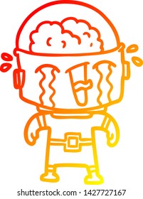 warm gradient line drawing of a cartoon crying robot