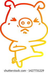 warm gradient line drawing of a cartoon angry pig kicking out