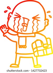warm gradient line drawing of a cartoon crying bald man