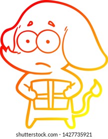 warm gradient line drawing of a cartoon unsure elephant with christmas present