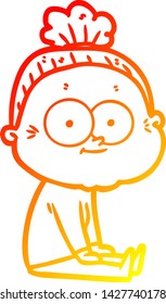 warm gradient line drawing of a cartoon happy old woman