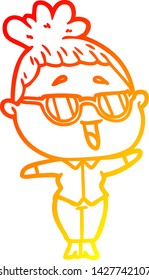 warm gradient line drawing of a cartoon happy woman wearing spectacles
