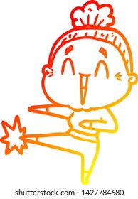 warm gradient line drawing of a cartoon happy old lady