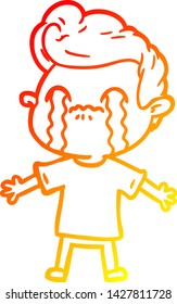 dibujo de línea de degradado cálido de un hombre de dibujos animados llorando