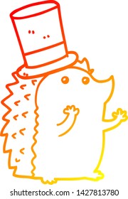 warm gradient line drawing of a cartoon hedgehog wearing hat