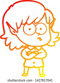 warm gradient line drawing of a cartoon elf girl staring