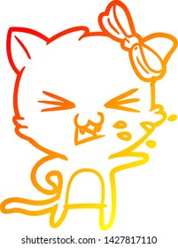 dibujo de línea de degradado cálido de un gato de dibujos animados