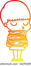 warm gradient line drawing of a cartoon calm boy
