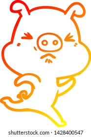 warm gradient line drawing of a cartoon annoyed pig running