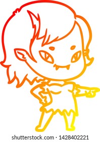 warm gradient line drawing of a cartoon friendly vampire girl pointing