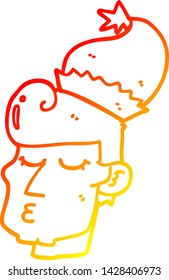 warm gradient line drawing of a cartoon man wearing christmas hat