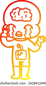 warm gradient line drawing of a cartoon big brain alien crying