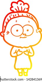 warm gradient line drawing of a cartoon happy old woman