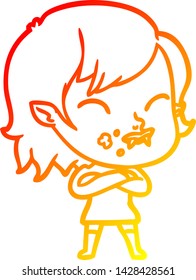 warm gradient line drawing of a cartoon vampire girl with blood on cheek