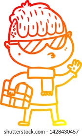 dibujo de una línea de degradado cálido de un niño de caricatura con gafas de sol llevando regalo de Navidad