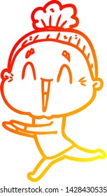 warm gradient line drawing of a cartoon happy old lady