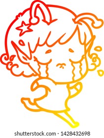 warm gradient line drawing of a cartoon crying alien girl