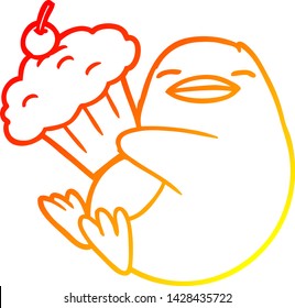 warm gradient line drawing of a cartoon penguin with cupcake