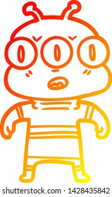 warm gradient line drawing of a cartoon three eyed alien