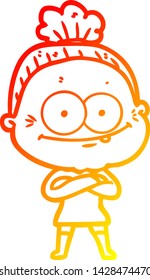 dibujo de línea de gradiente cálido de una anciana feliz con dibujos animados