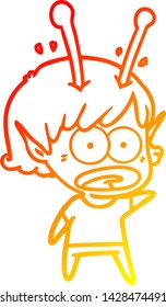 warm gradient line drawing of a cartoon shocked alien girl