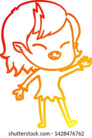 dibujo de línea de gradiente cálido de una caricatura que ríe muchacha vampiro