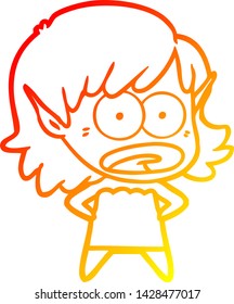 warm gradient line drawing of a cartoon shocked elf girl