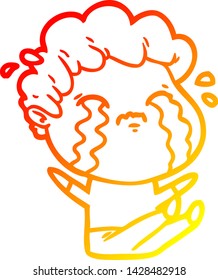 warm gradient line drawing of a cartoon man crying