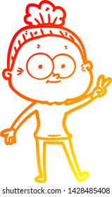 warm gradient line drawing of a cartoon happy old woman