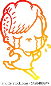 warm gradient line drawing of a cartoon crying girl running away