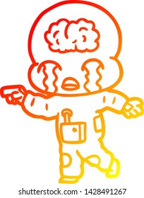 warm gradient line drawing of a cartoon big brain alien crying