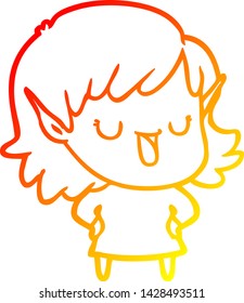 warm gradient line drawing of a cartoon elf girl