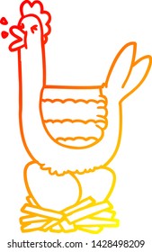 warm gradient line drawing of a cartoon hen sitting on nest