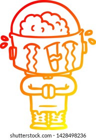 warm gradient line drawing of a cartoon crying robot