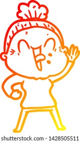 warm gradient line drawing of a cartoon happy old woman