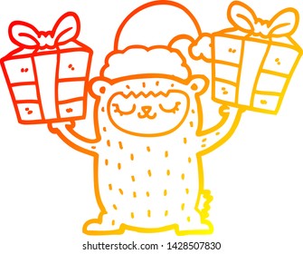 warm gradient line drawing of a cartoon christmas bear