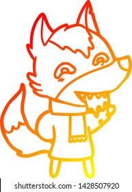 warm gradient line drawing of a cartoon hungry wolf in winter clothes