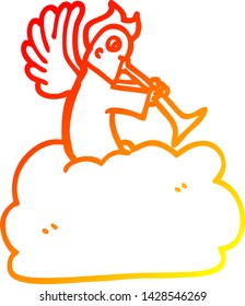 dibujo de línea de gradiente cálido de un ángel de dibujos animados en la nube con trompeta