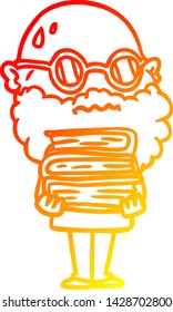 warm gradient line drawing of a cartoon worried man with beard and stack of books