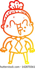 warm gradient line drawing of a cartoon happy old woman