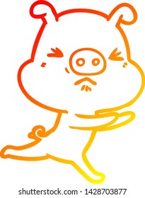 dibujo de línea de gradiente cálido de un cerdo molesto de dibujos animados corriendo