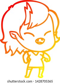 warm gradient line drawing of a cartoon laughing vampire girl