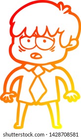 warm gradient line drawing of a cartoon exhausted boy