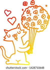 dibujo de línea de degradado cálido de un gato de dibujos animados enamorado de las flores